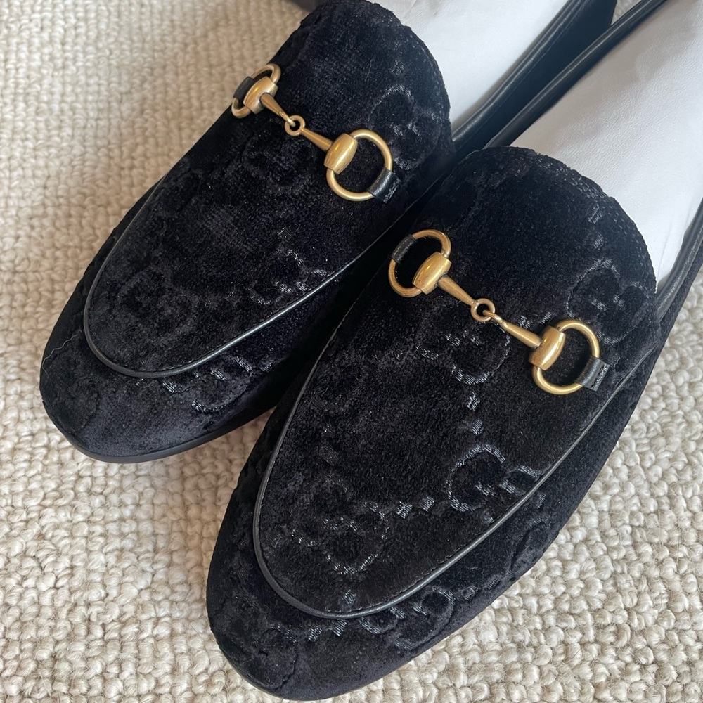 NWT Authentic Gucci Jordaan velvet GG logo horsebit loafer